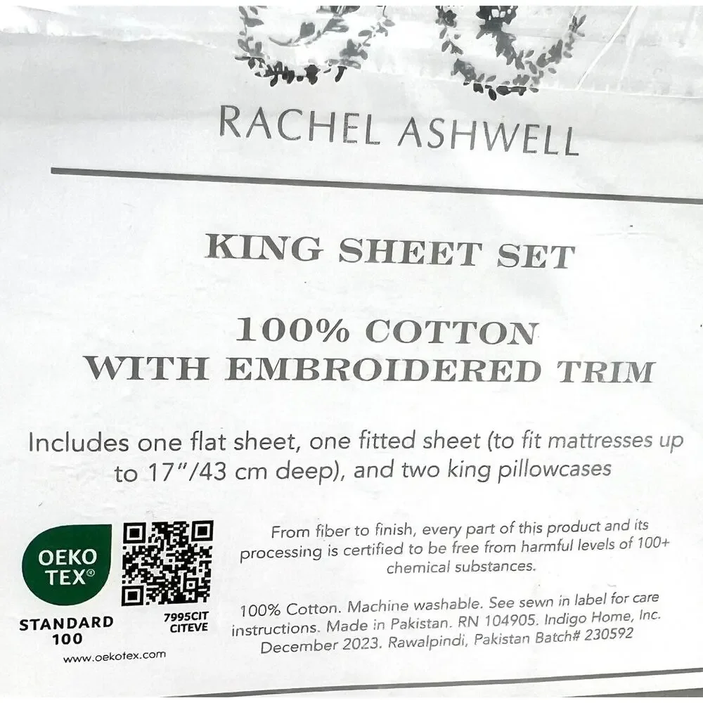 Rachel Ashwell Embroidered Scallop KING Sheet Set NAVY BLUE White 100% Cotton